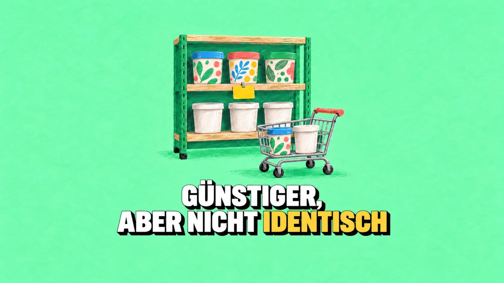 Pastellregal mit schlichten und gemusterten Bechern ohne Marken.