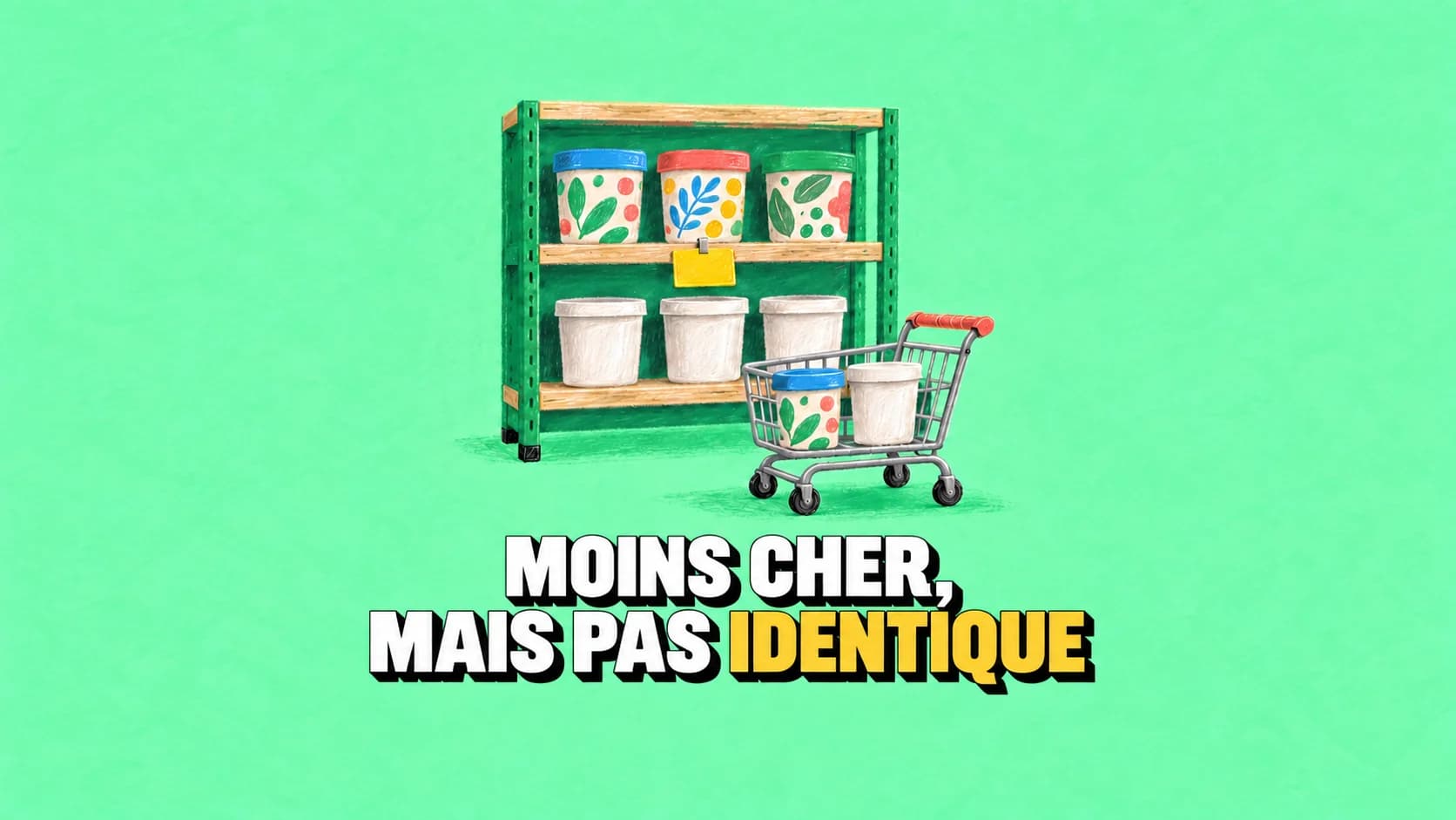 Étagère au pastel avec pots unis et décorés, tous sans marque.