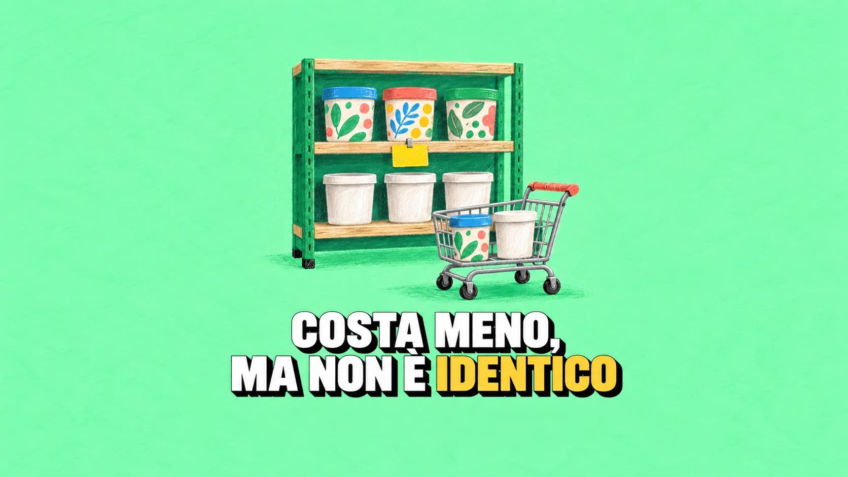 Scaffale a pastello con vasetti semplici e decorati, tutti senza marchi.