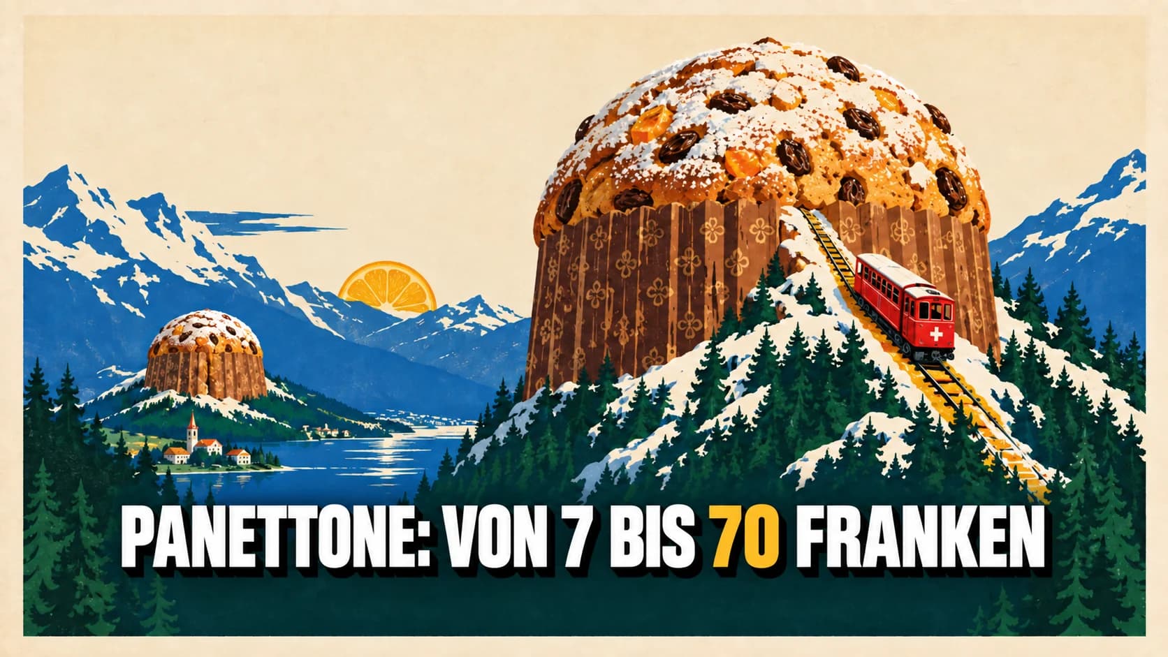 Retroplakat eines Panettone-Berges mit roter Standseilbahn und kleinerem Gipfel dahinter.