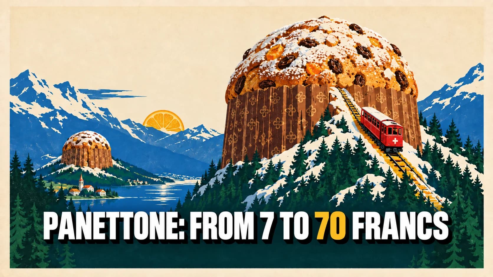 Retro poster of a panettone mountain with a red funicular and smaller distant peak.