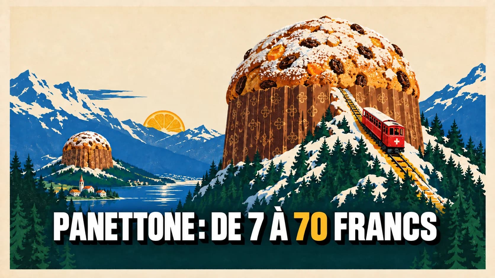 Affiche rétro d’un panettone-montagne avec funiculaire rouge et petit sommet au loin.