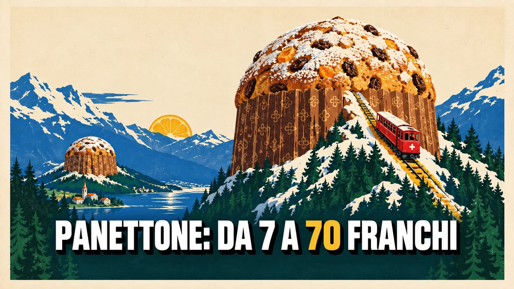 Manifesto rétro in cui un panettone gigante fa da montagna, con una funicolare rossa che ne risale il fianco e una vetta più piccola sullo sfondo