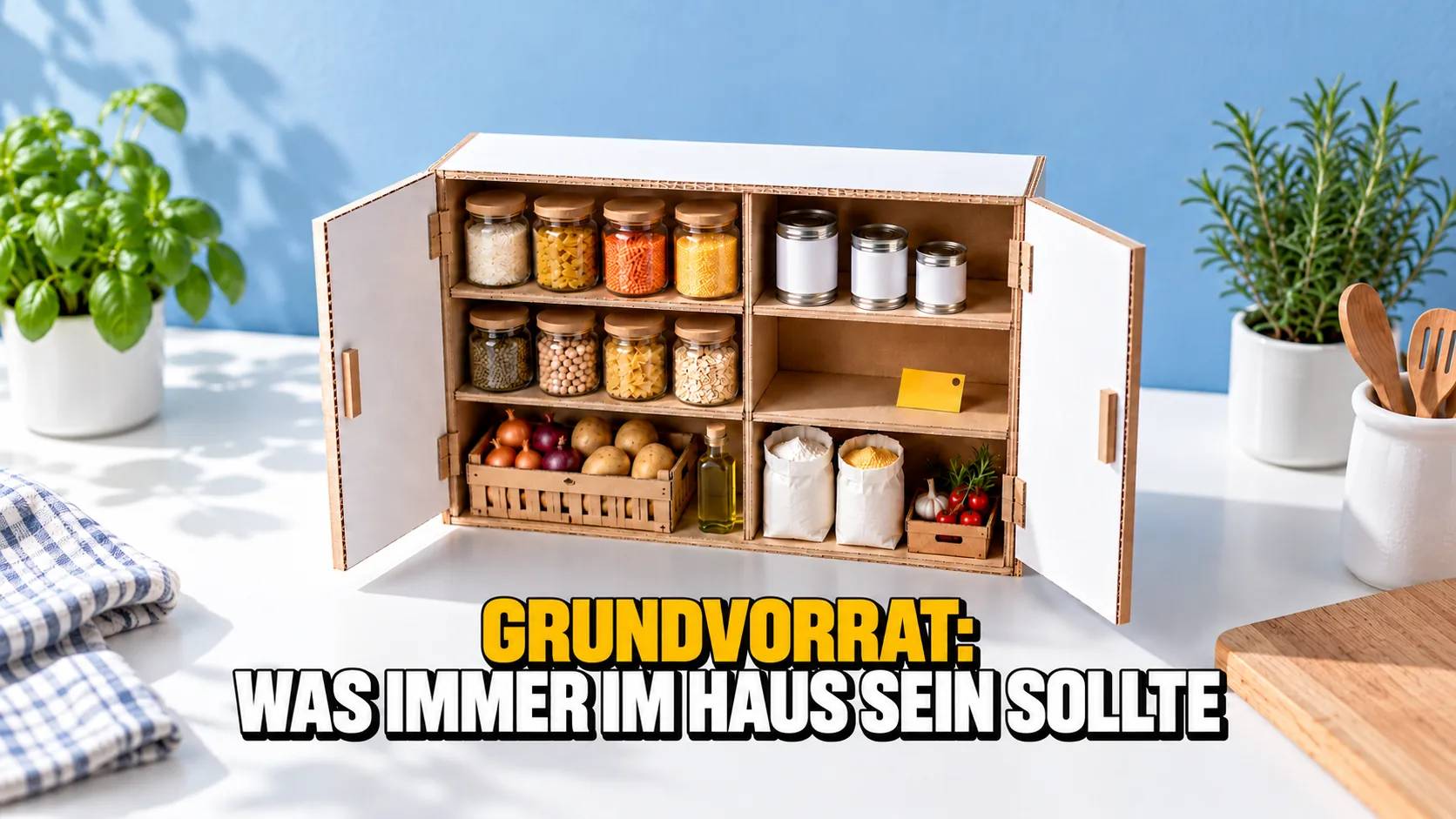 Kartonmodell eines Vorratsschranks mit Gläsern, Säcken und Gemüse, ein Tablar noch leer