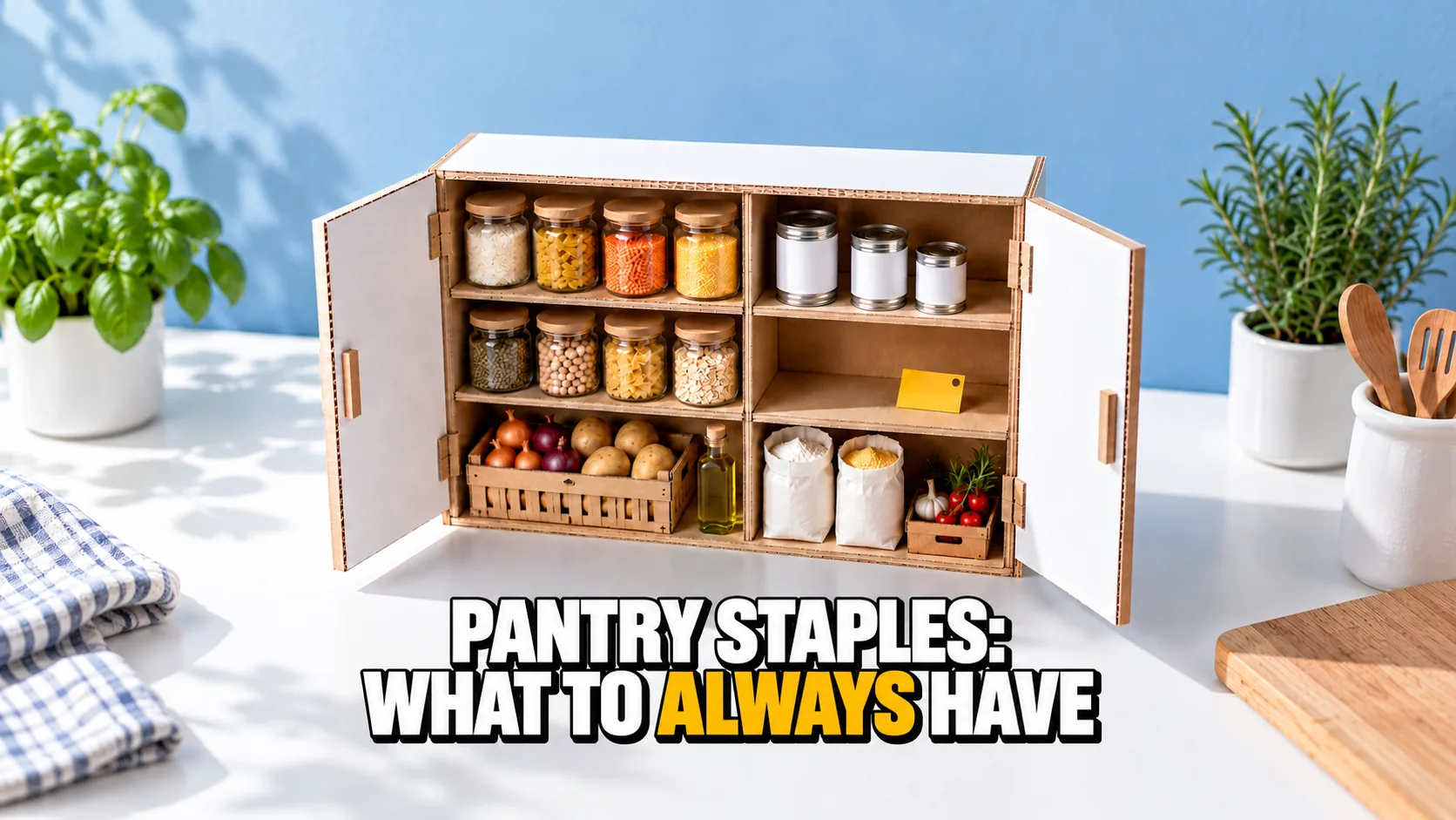 Cardboard model of a pantry cupboard with jars, sacks and vegetables, one shelf still empty