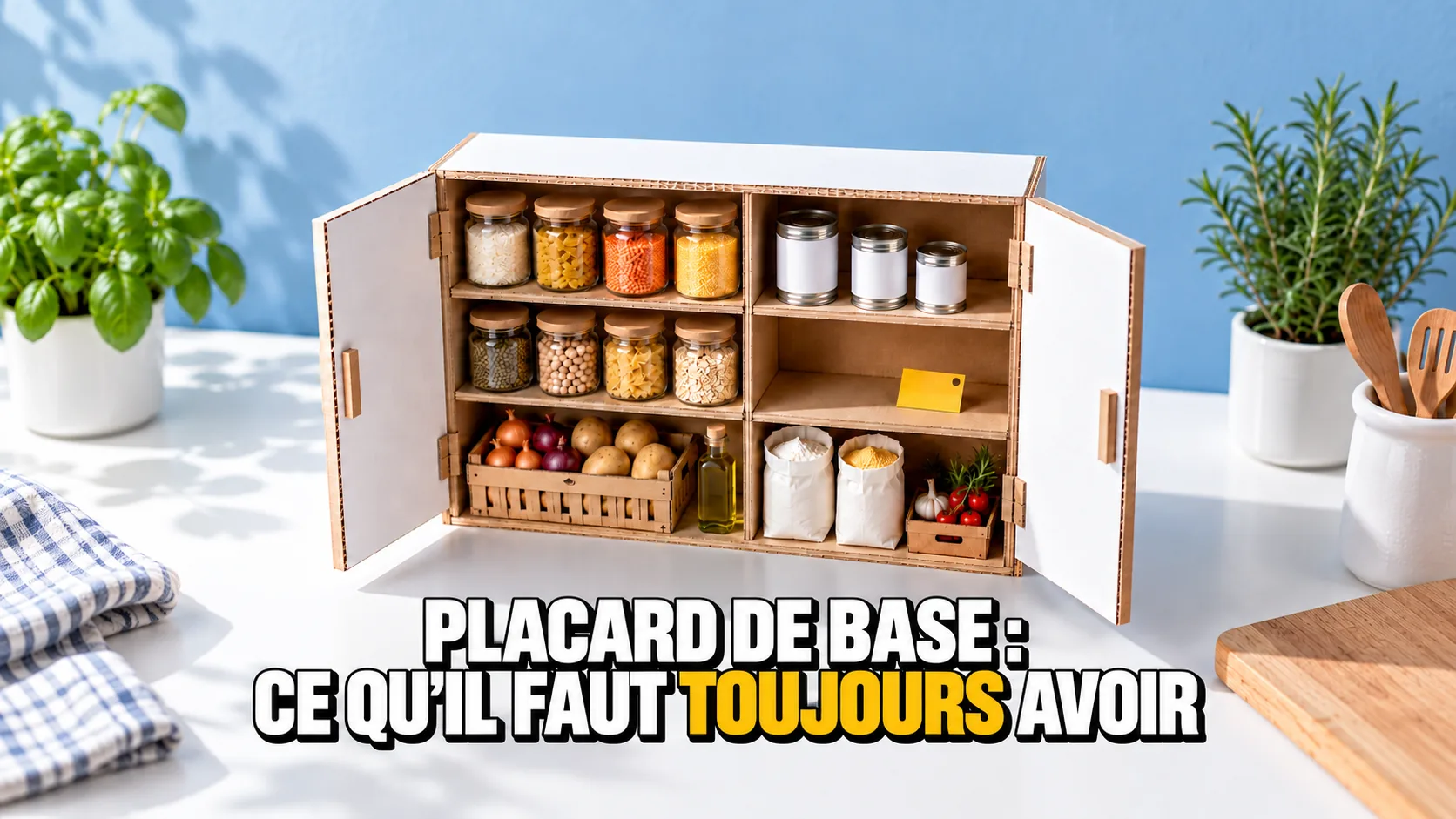 Maquette en carton d’un placard à provisions avec bocaux, sacs et légumes, une étagère encore vide