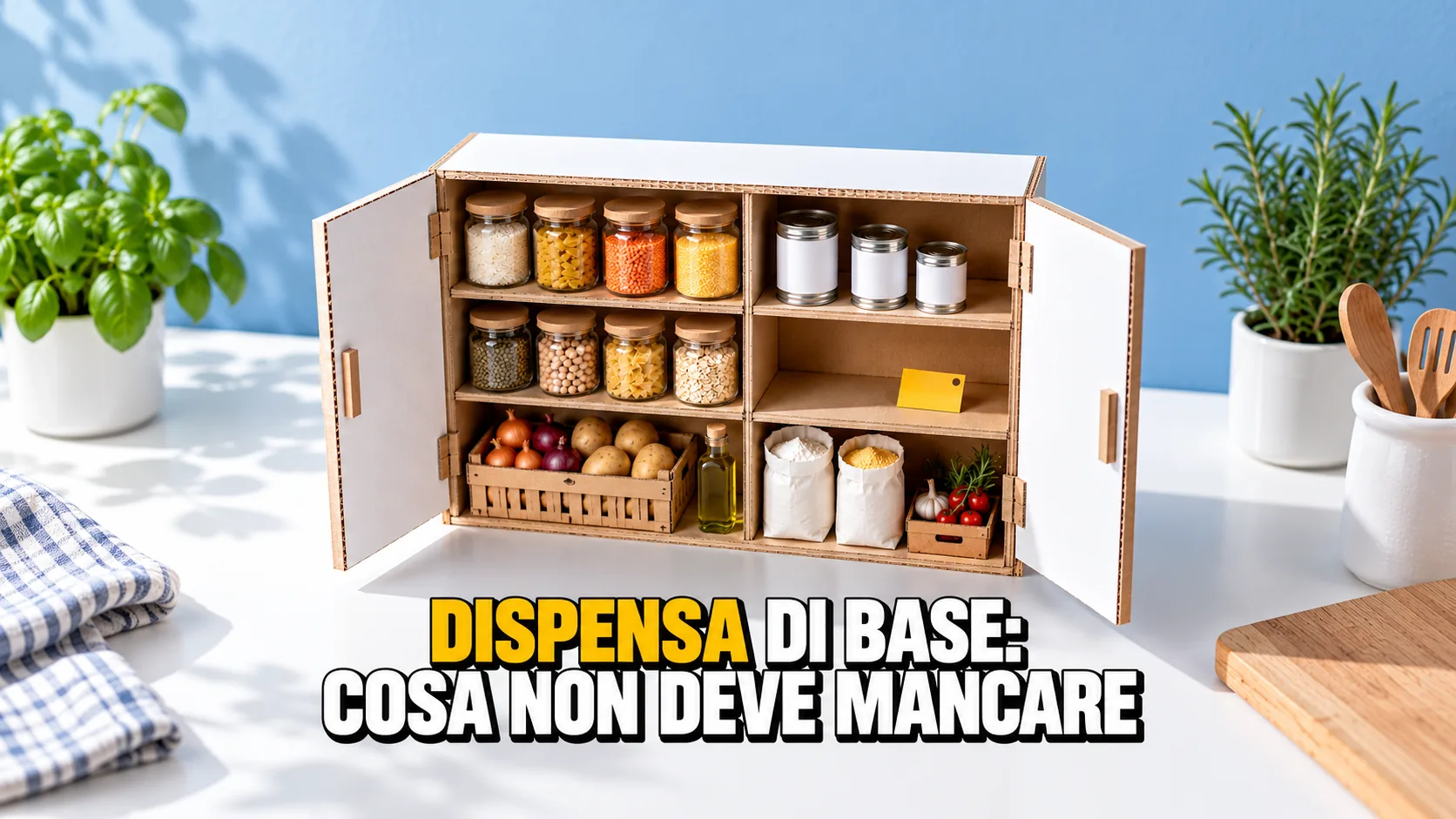 Modellino di cartone di una dispensa con barattoli, sacchi e verdure, un ripiano ancora vuoto