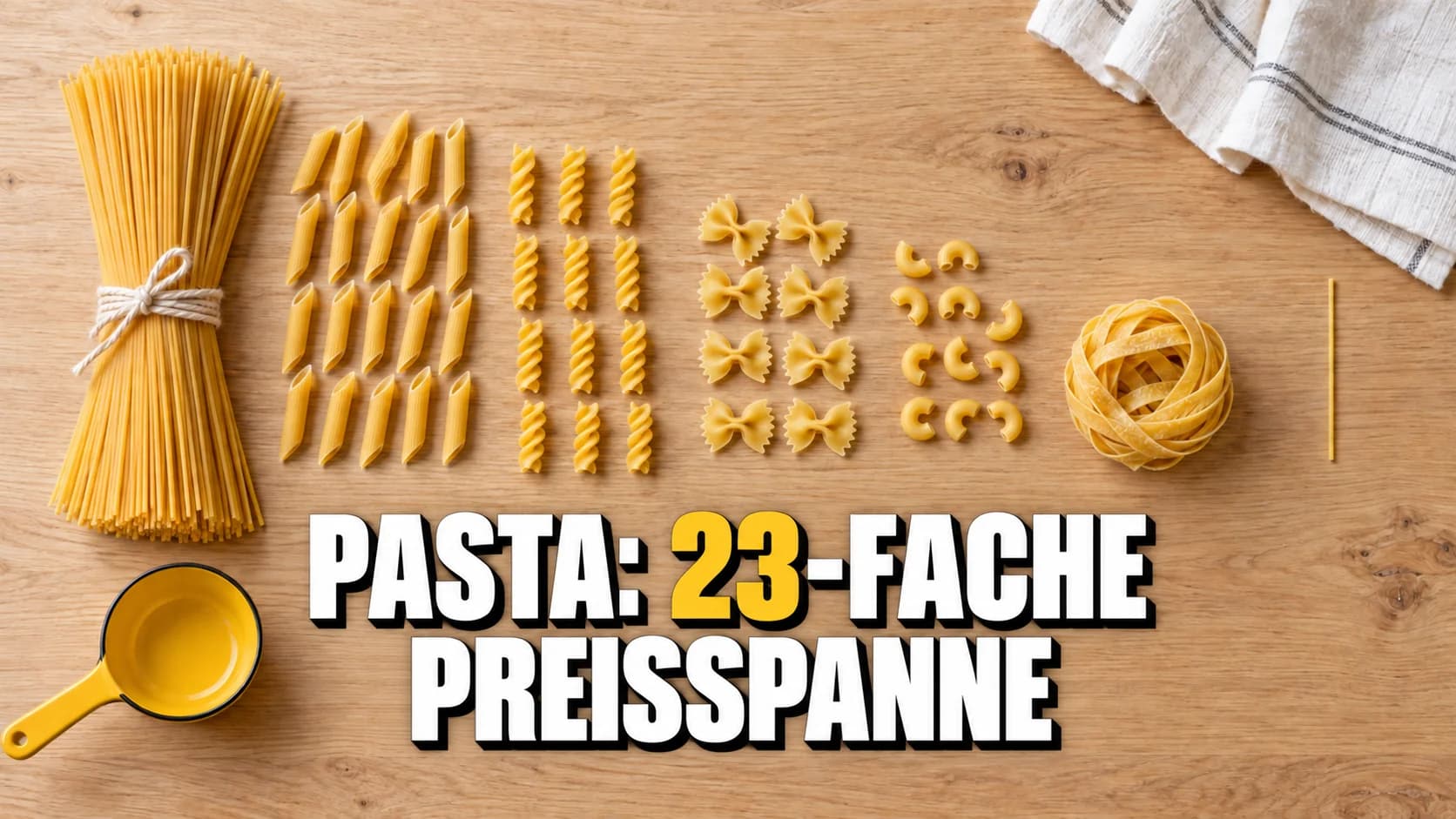 Trockene Pasta in abnehmenden Portionen auf hellem Holz, daneben ein gelber Messbecher.