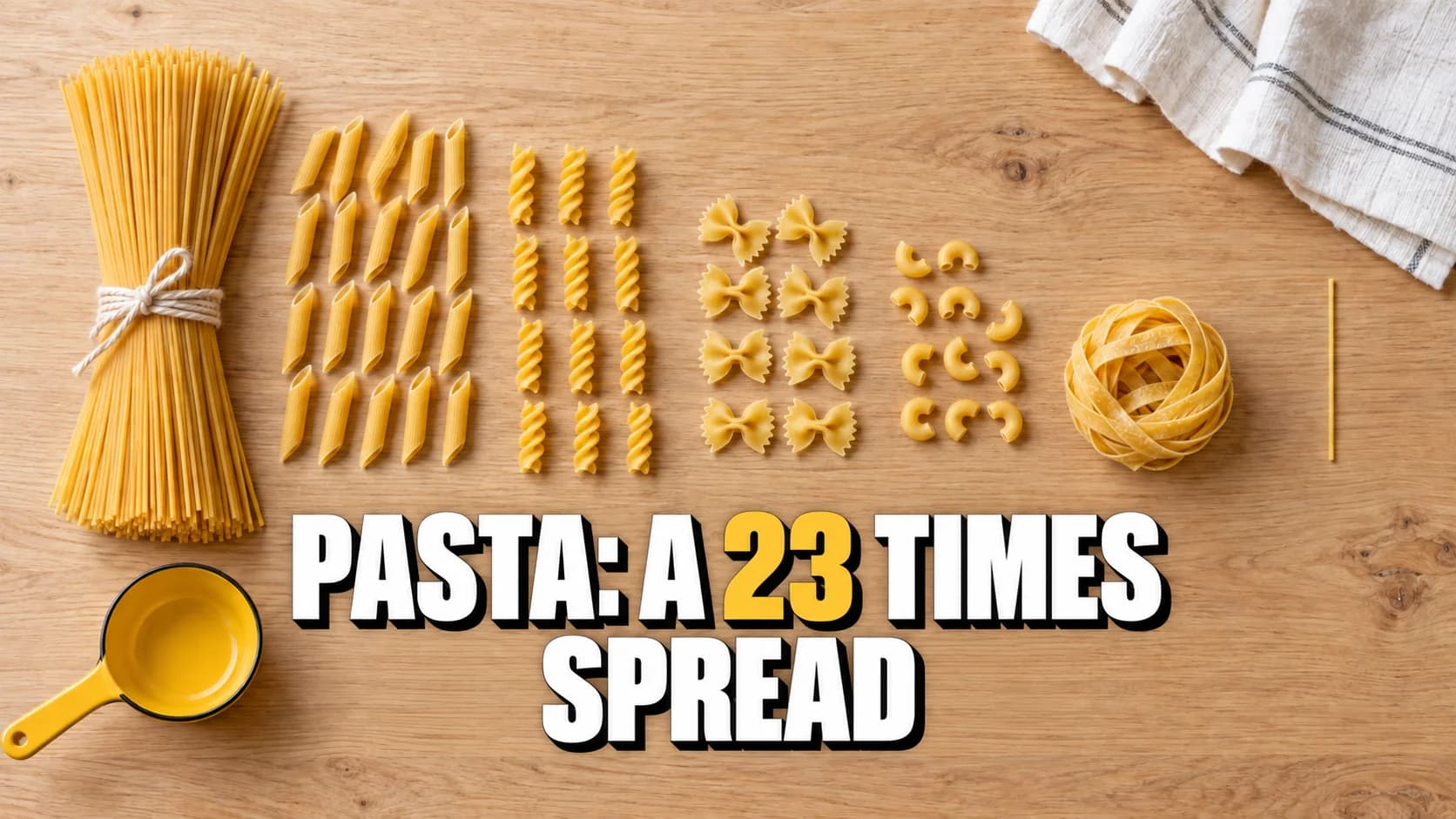 Dry pasta in diminishing portions on pale wood beside a yellow measuring scoop.