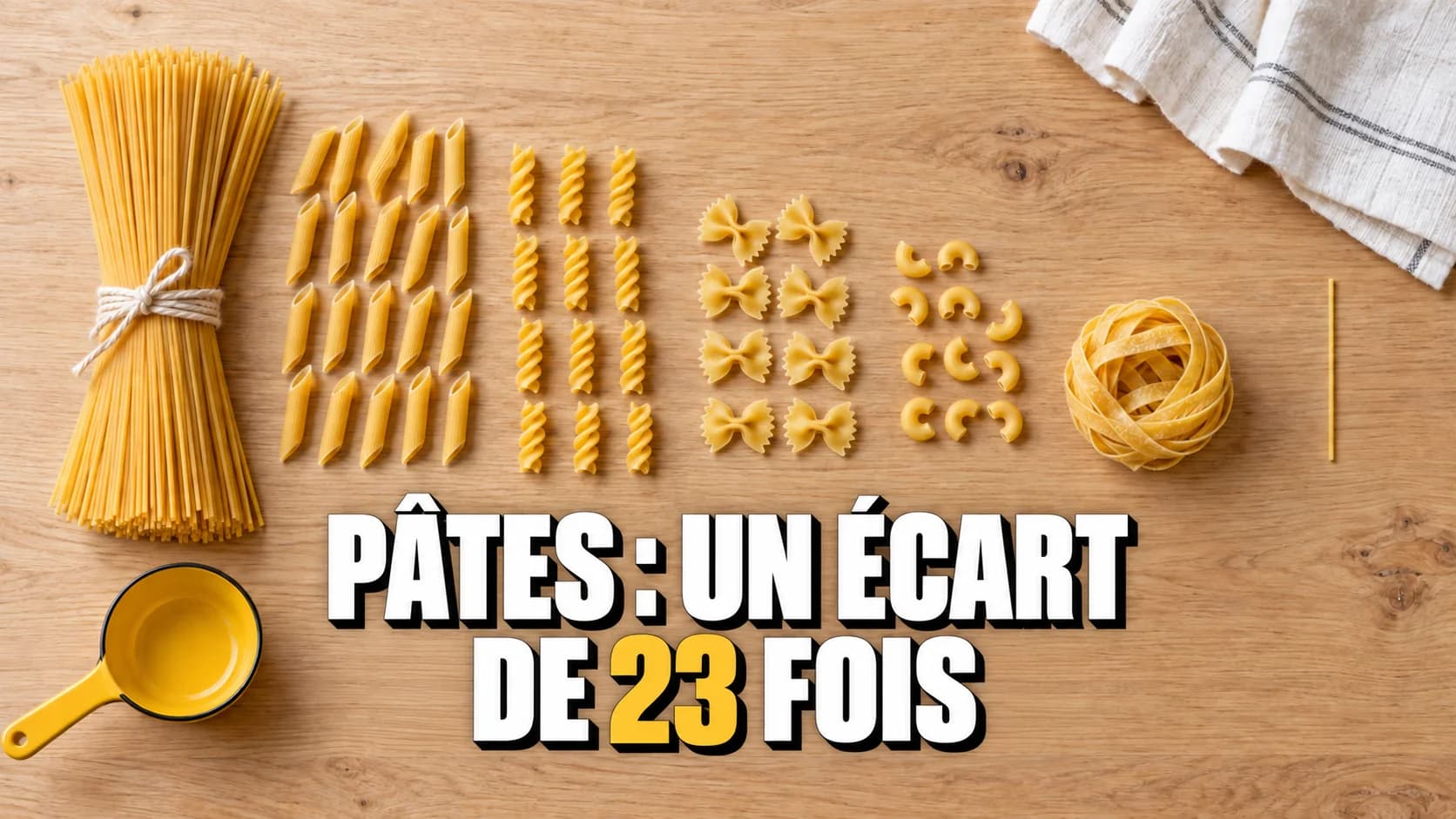 Pâtes sèches en portions décroissantes sur bois clair, avec un doseur jaune.