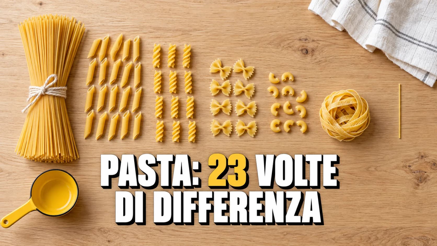 Flat lay di pasta secca disposta a griglia su legno chiaro, da un mucchio abbondante a un solo spaghetto, con un misurino giallo.