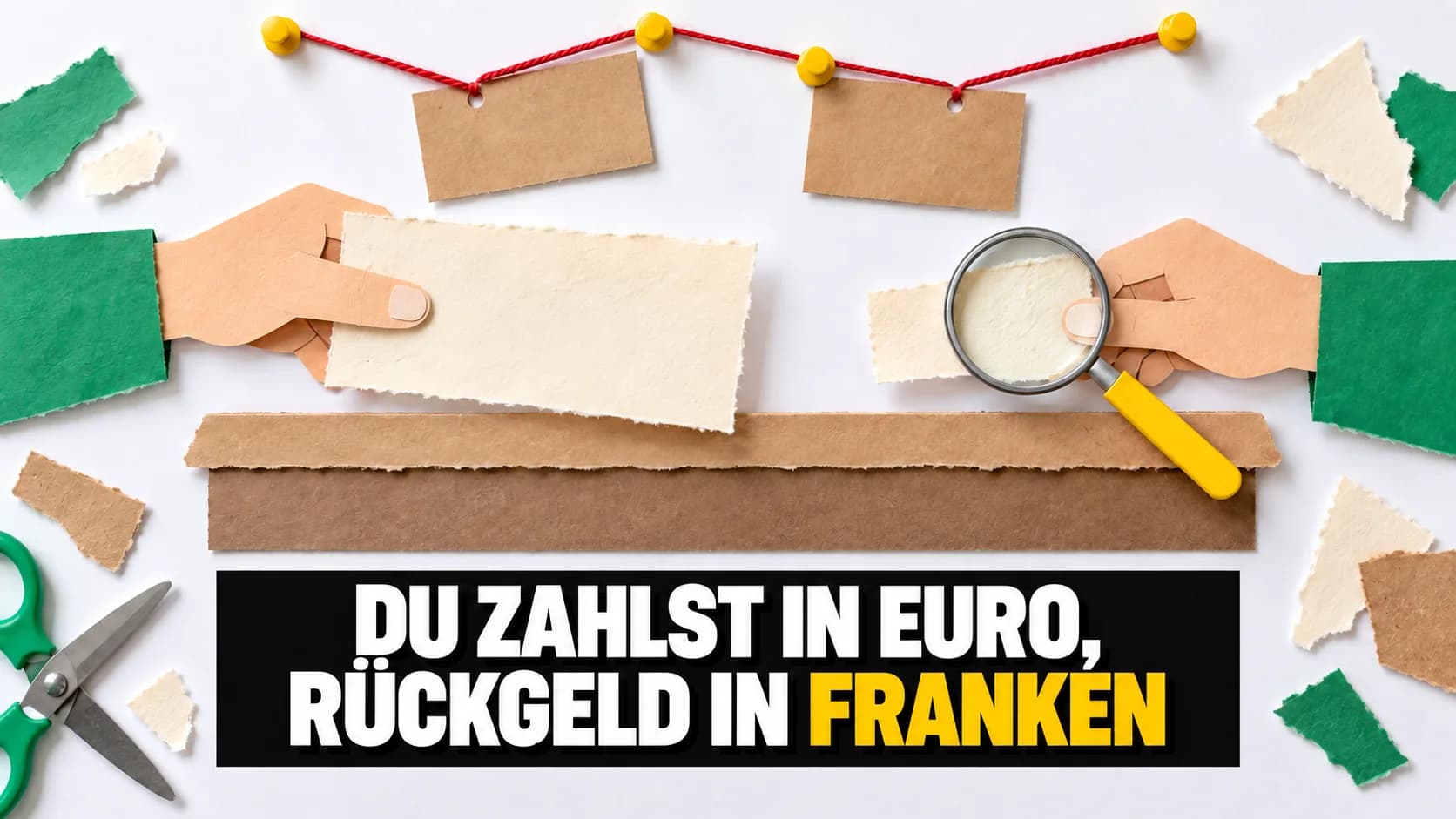 Papierhände tauschen leere Papierstreifen über einer Theke, mit roter Schnur und gelben Stecknadeln.