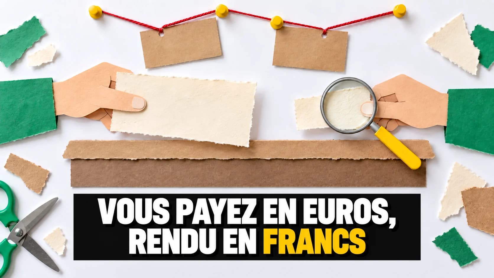 Mains en papier échangeant des morceaux de papier vierges au-dessus d’un comptoir, avec fil rouge et punaises jaunes.