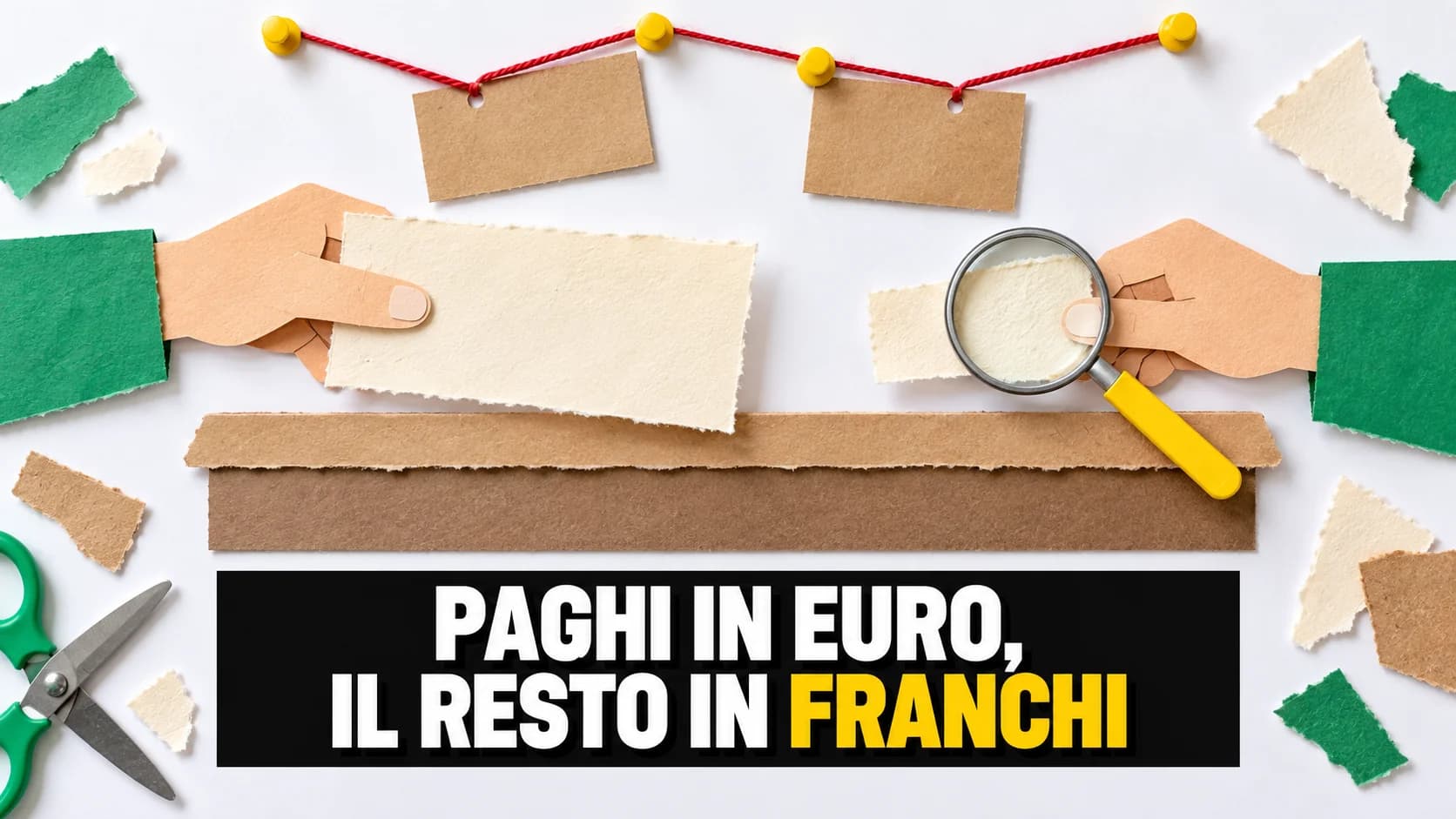 Collage di carta: due mani di carta si scambiano foglietti bianchi senza stampa sopra un bancone, con spago rosso e puntine gialle.