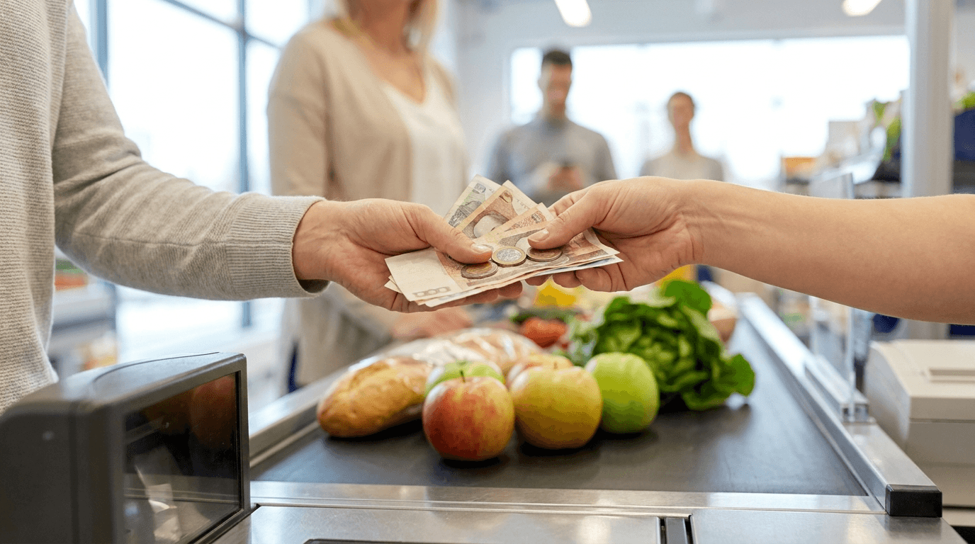 Euro banknotes and Swiss francs at a supermarket checkout in Switzerland