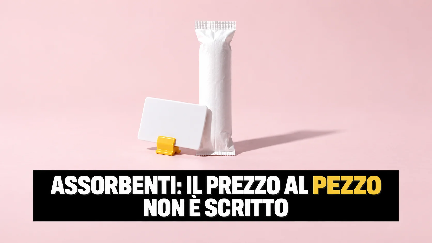 Un tampone in involucro bianco accanto a un cartellino da scaffale completamente vuoto