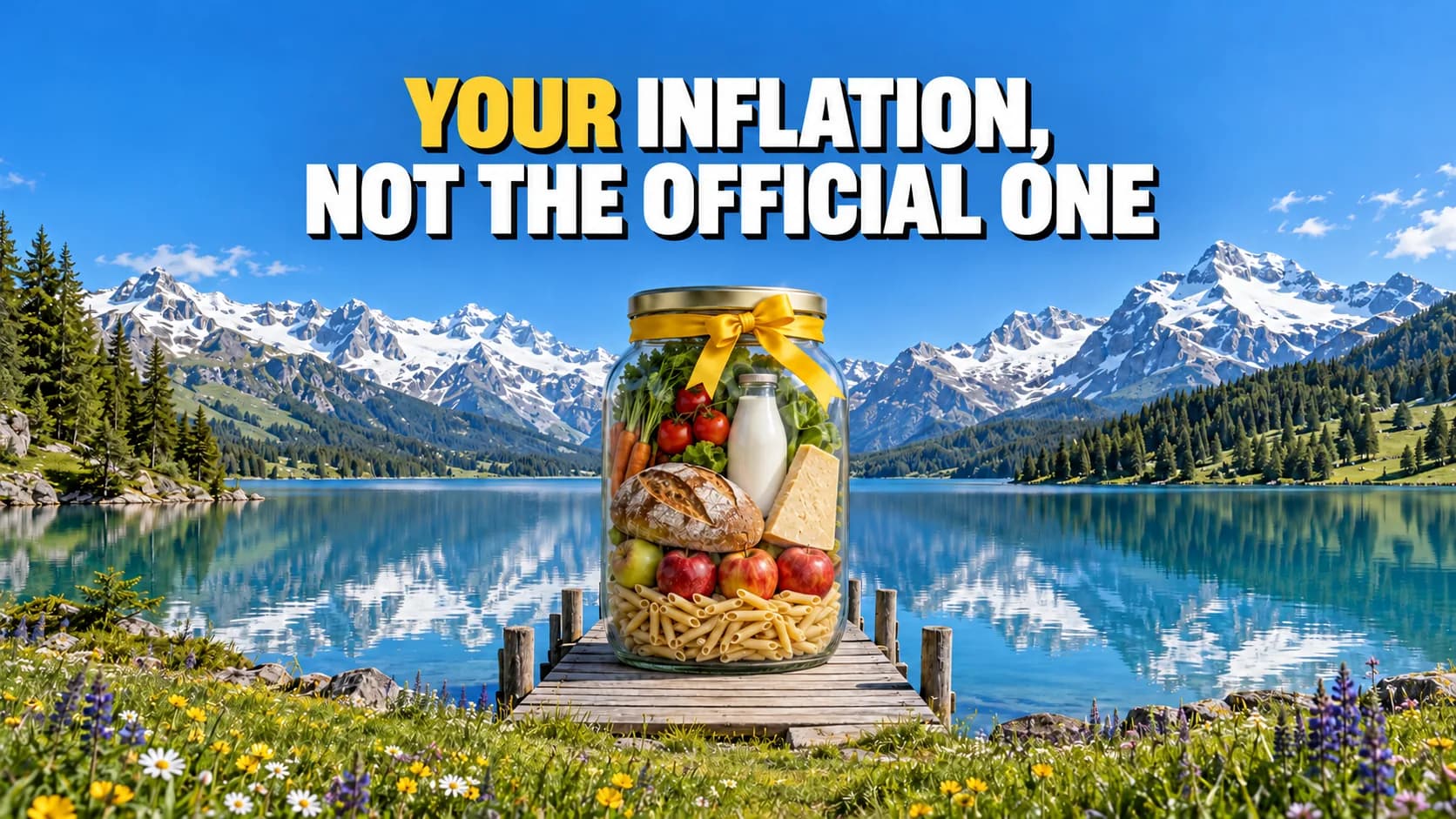Alpine lake shore with a giant glass jar full of groceries on a jetty, tied with a yellow ribbon