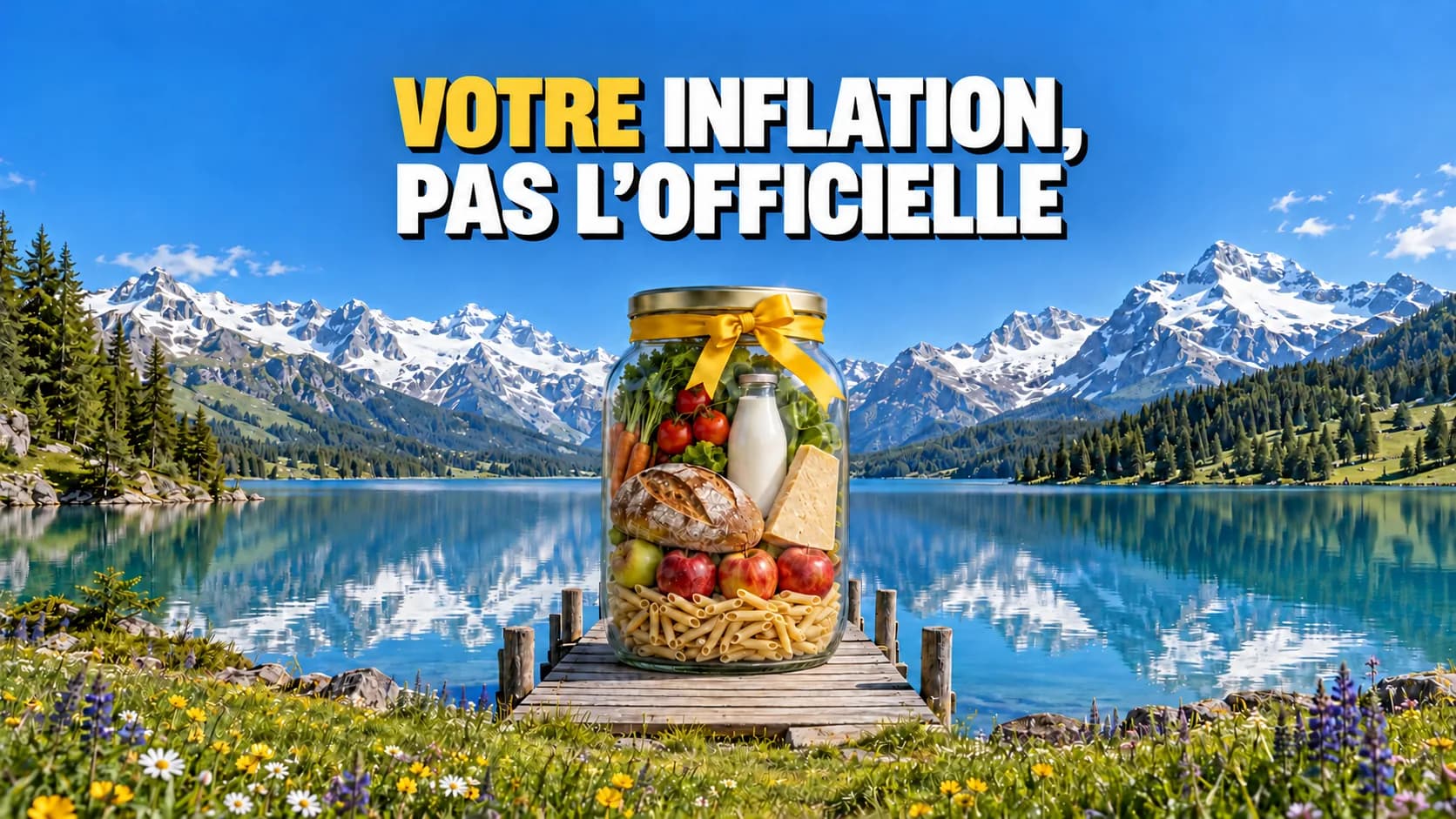 Rive d’un lac alpin avec un immense bocal en verre rempli de courses sur un ponton, fermé par un ruban jaune