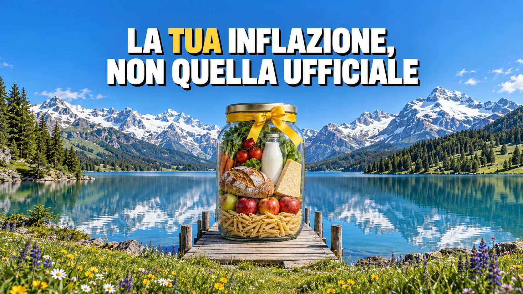 Riva di un lago alpino con un enorme barattolo di vetro pieno di spesa su un pontile, chiuso da un nastro giallo