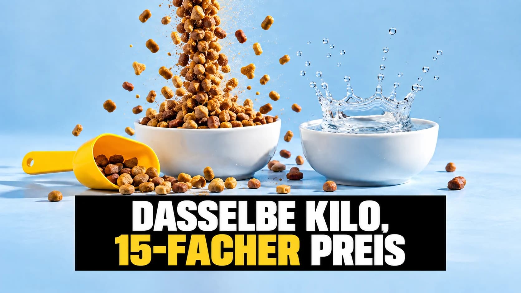Fallende Tierfutterkroketten und Wasserspritzer über zwei weissen Schalen mit gelber Schaufel.