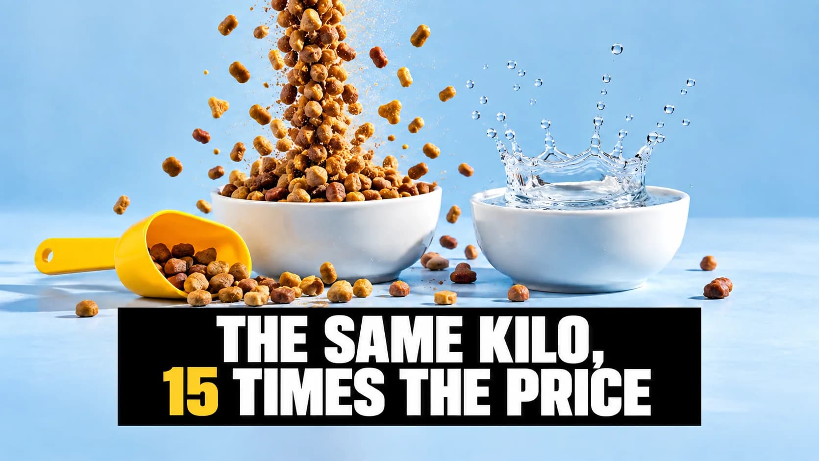 Falling kibble and a water splash above two white bowls with a yellow scoop.