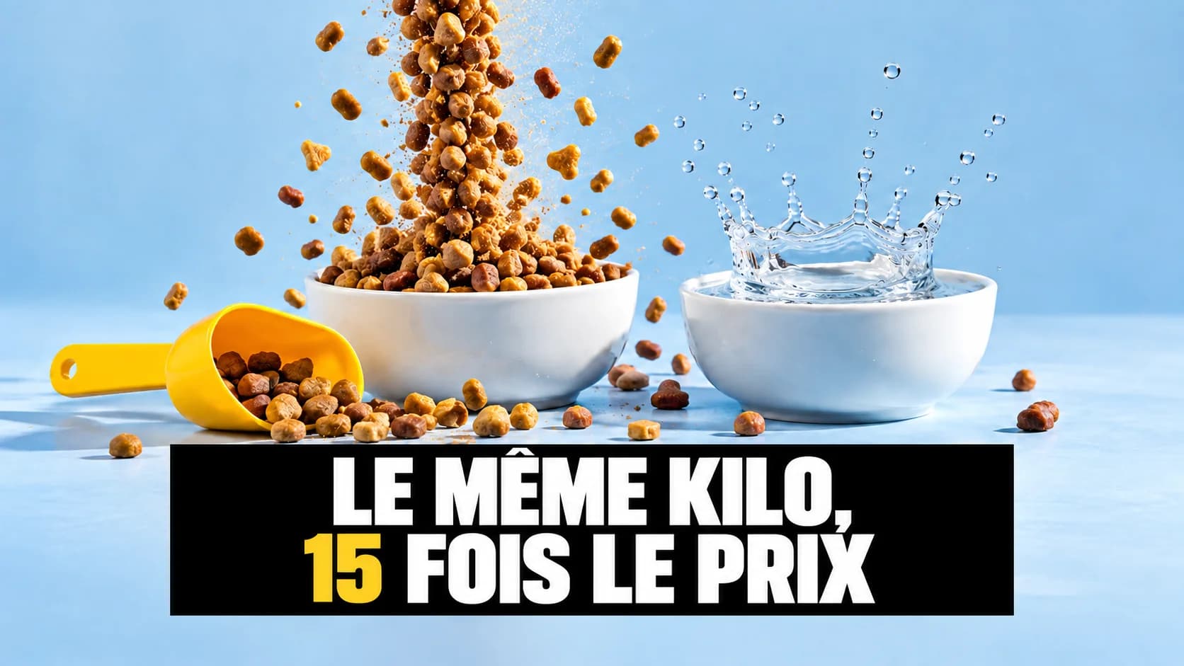Croquettes en chute et éclaboussure d’eau au-dessus de deux bols blancs avec une pelle jaune.