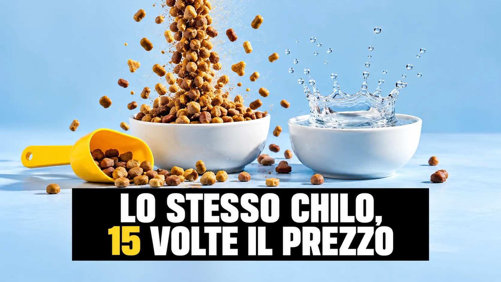 Crocchette che cadono a mezz’aria dentro una ciotola bianca, accanto una ciotola d’acqua con lo schizzo congelato e un misurino giallo.