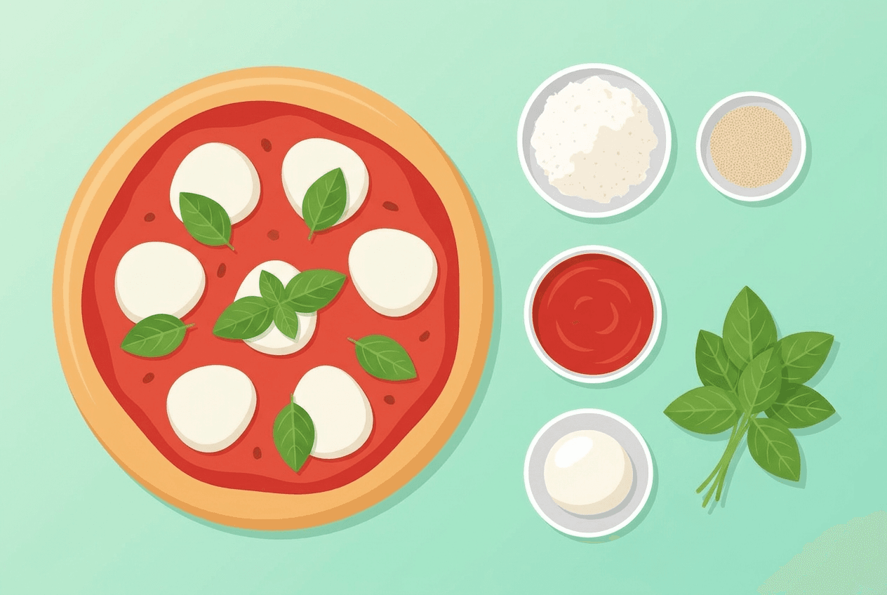 Selbstgemachte Pizza mit Mozzarella und Gemüse neben den Grundzutaten Mehl, Hefe und Passata auf einem Küchentisch.