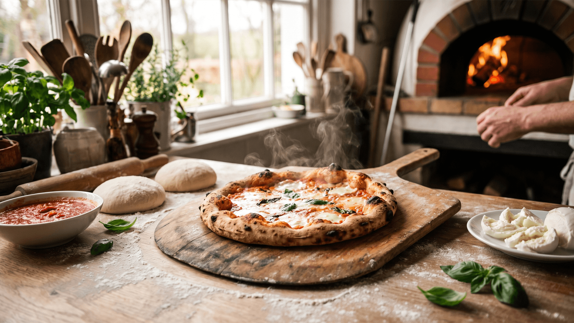 Pizza maison avec mozzarella et légumes à côté des ingrédients de base – farine, levure et passata – sur une table de cuisine.