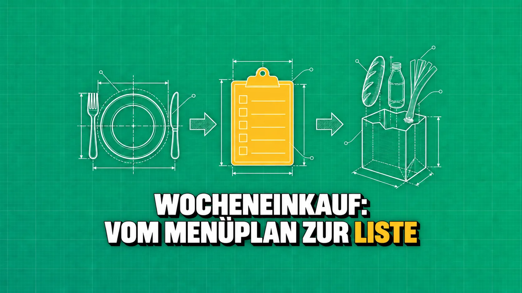 Technische Zeichnung auf grünem Papier: vom Teller über die Checkliste zur Einkaufstasche