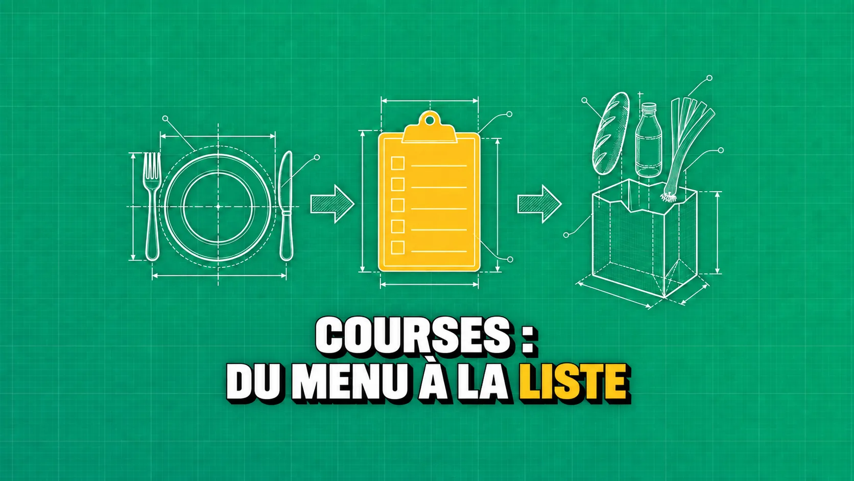 Plan technique sur papier vert : de l’assiette à la liste de contrôle jusqu’au sac de courses