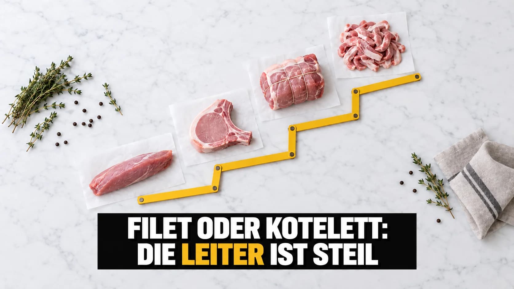 Vier Schweinefleisch-Zuschnitte von oben, diagonal wie eine Treppe gelegt, mit gelbem Gliedermeter