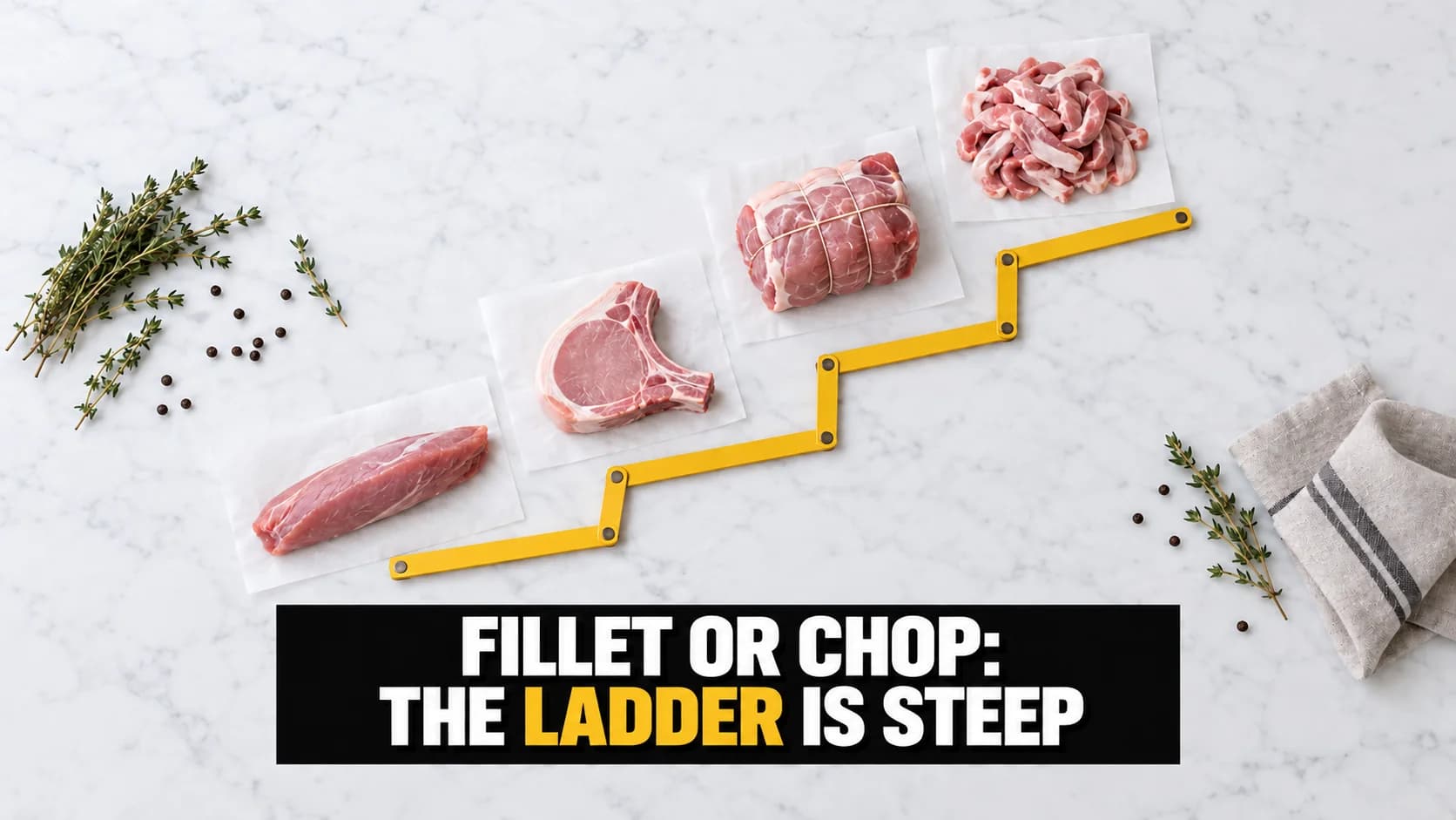 Four pork cuts seen from above, arranged like a staircase, with a yellow folding rule