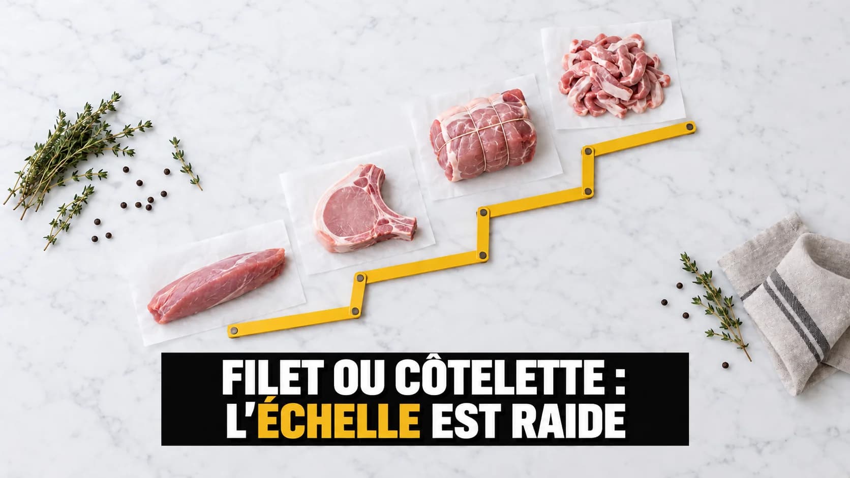 Quatre morceaux de porc vus du dessus, disposés en escalier, et un mètre pliant jaune