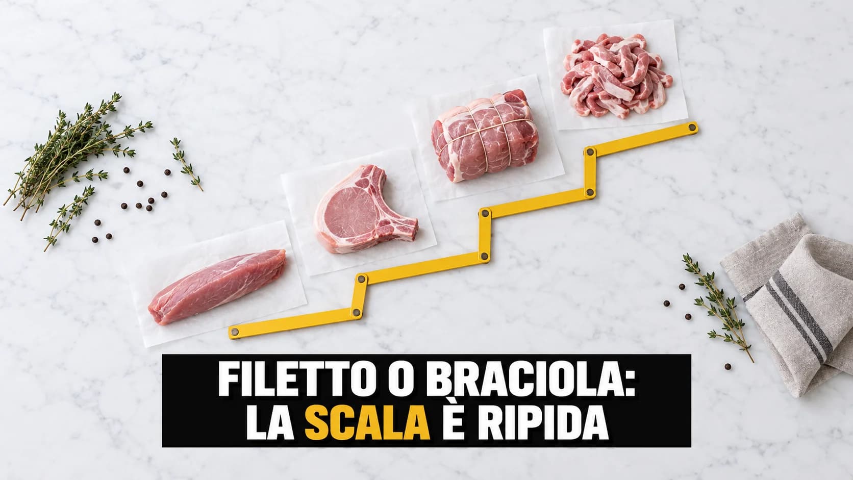 Quattro tagli di maiale disposti dall’alto in diagonale come una scalinata, con un metro pieghevole giallo