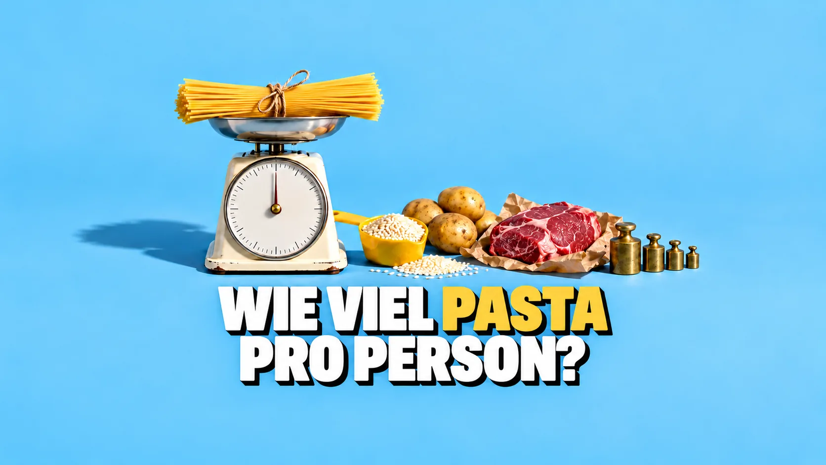 Alte Küchenwaage mit einem Bund Spaghetti, daneben Reis, Kartoffeln und Fleisch