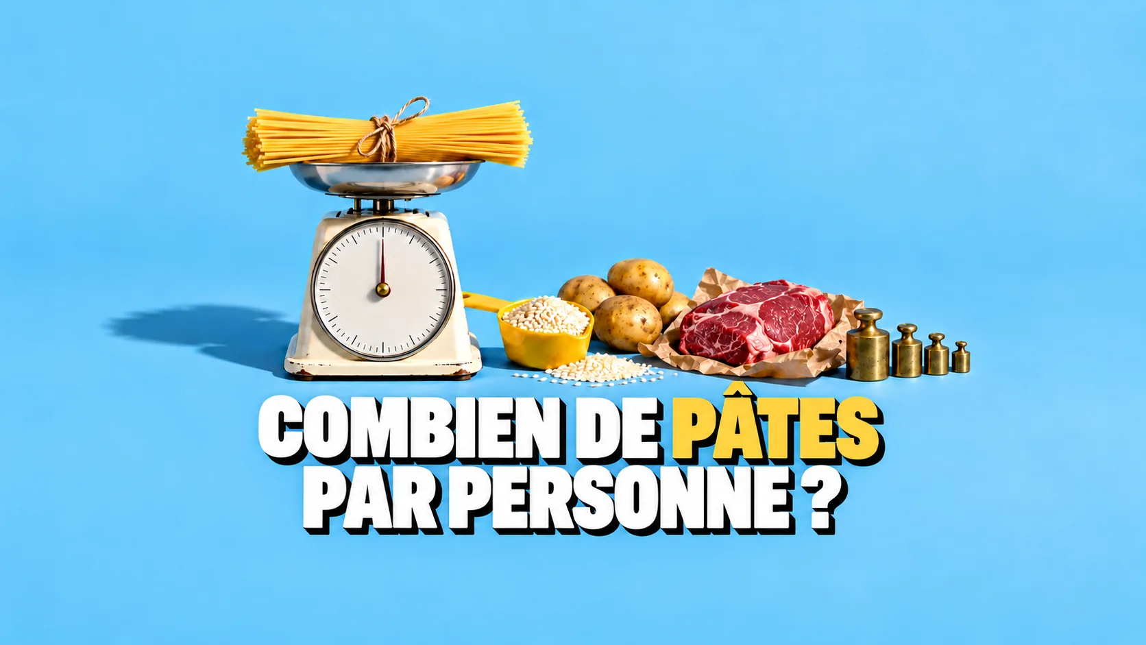 Balance de cuisine ancienne avec une botte de spaghetti, à côté du riz, des pommes de terre et de la viande