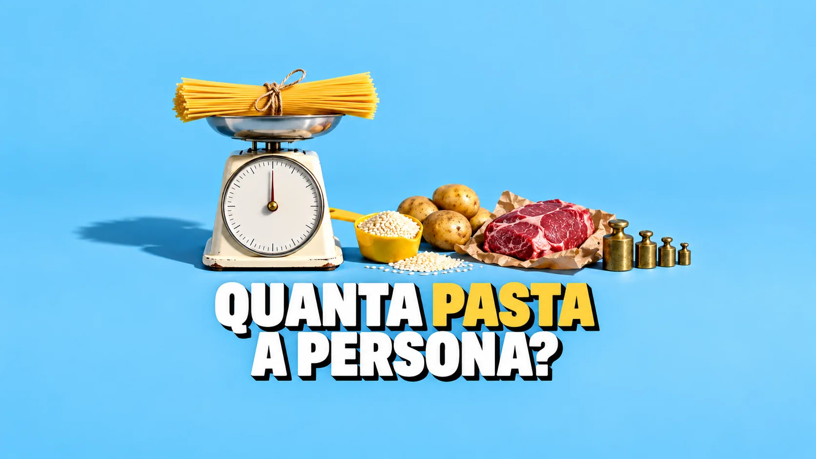 Bilancia da cucina d’epoca con un mazzo di spaghetti, accanto riso, patate e carne