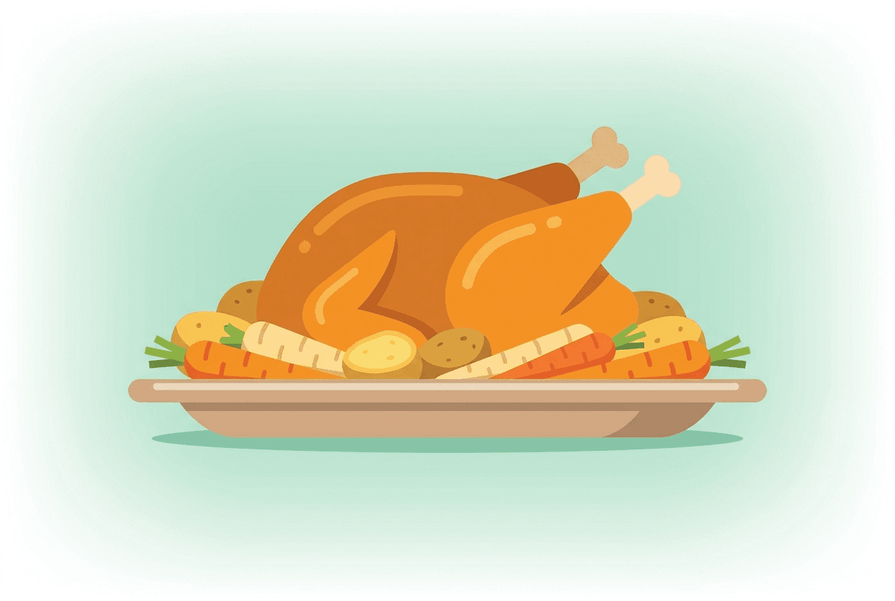 Whole roast chicken in a roasting tin with potatoes, carrots and onions, a Swiss Sunday dinner for four