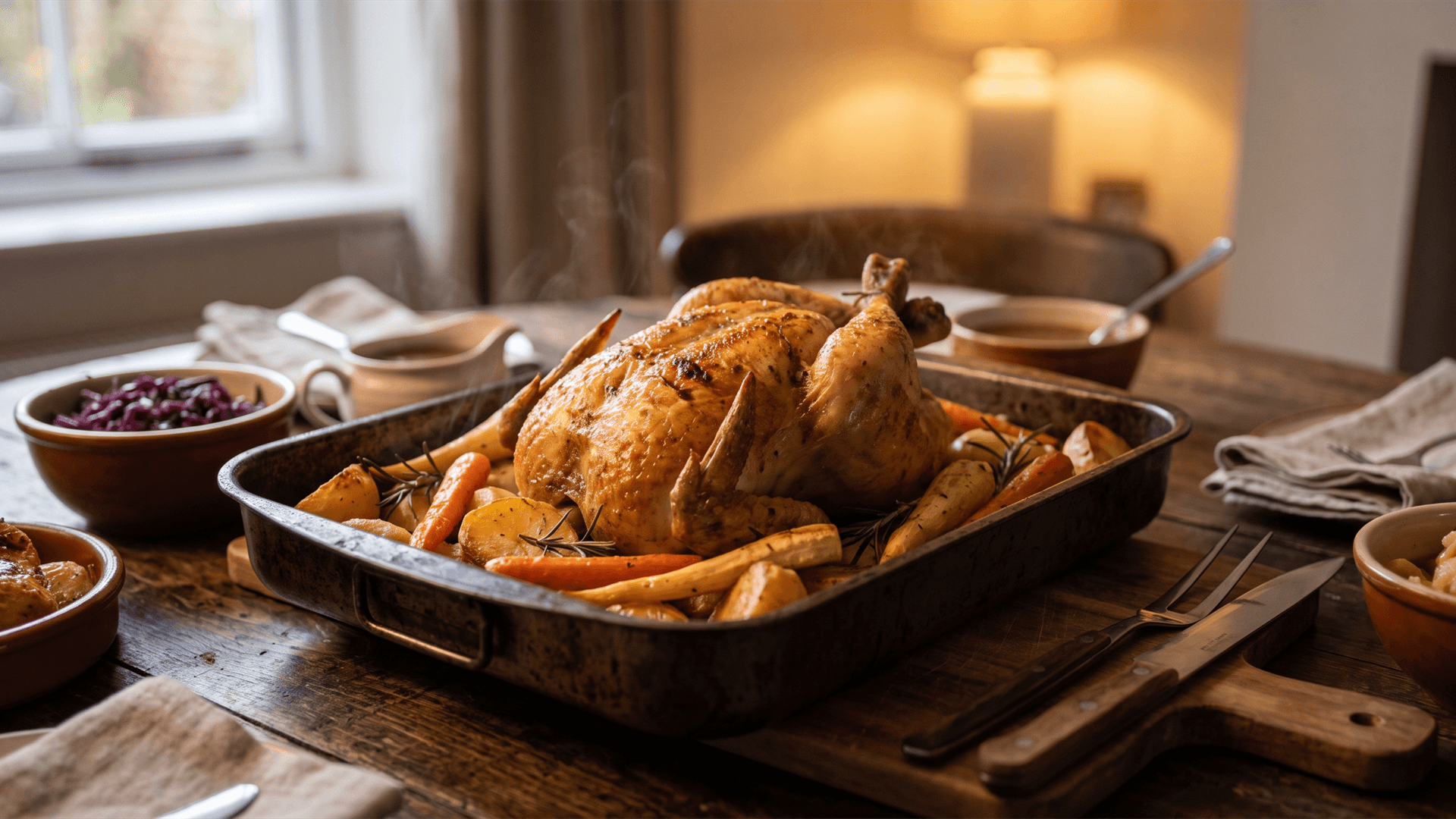 Poulet rôti entier dans un plat avec pommes de terre, carottes et oignons, un repas du dimanche suisse pour quatre