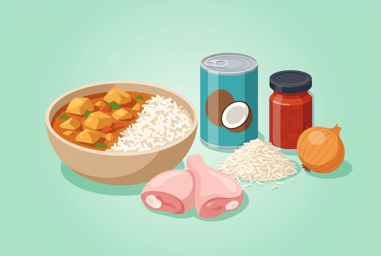 Une poele de curry de poulet avec du riz pour quatre, a cote de cuisses de poulet fraiches, une boite de lait de coco, oignon, ail, gingembre et curry en poudre.