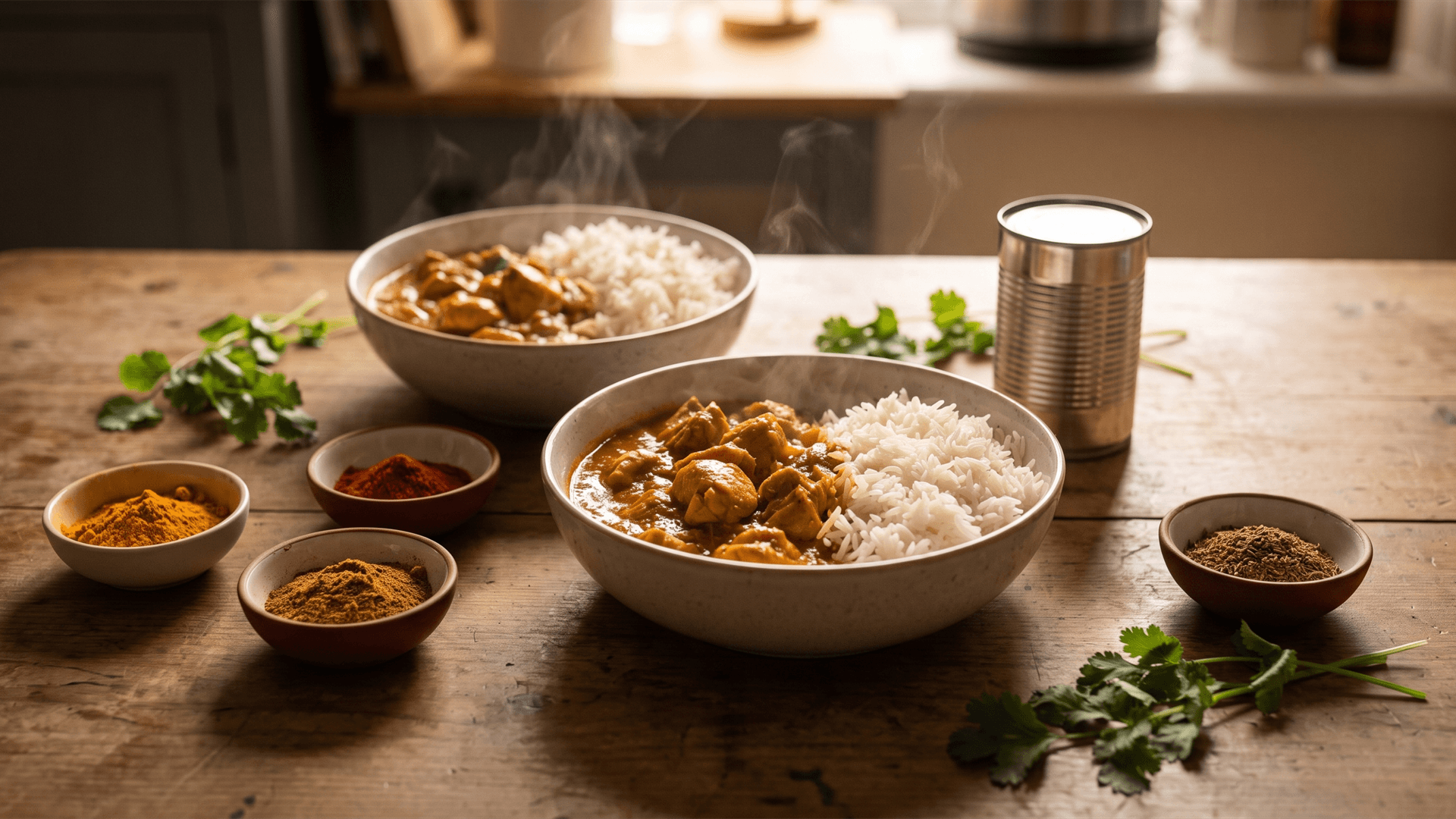 Une poele de curry de poulet avec du riz pour quatre, a cote de cuisses de poulet fraiches, une boite de lait de coco, oignon, ail, gingembre et curry en poudre.