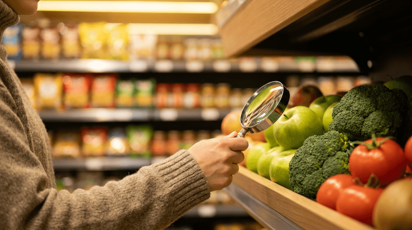 Mano con lente d'ingrandimento su alimenti freschi a scaffale: smascherare le trappole di prezzo del supermercato confrontando il vero prezzo al chilo su tutte le catene in Rappn.