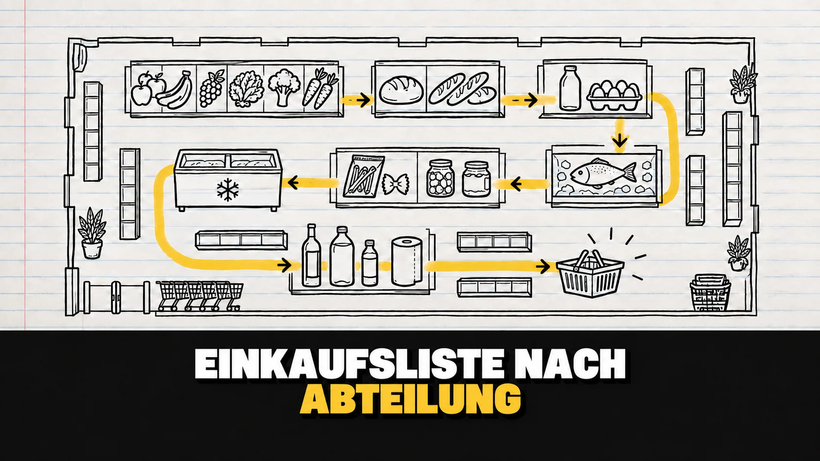 Tuschezeichnung eines Supermarkt-Grundrisses mit einem gelb markierten Weg durch die Abteilungen