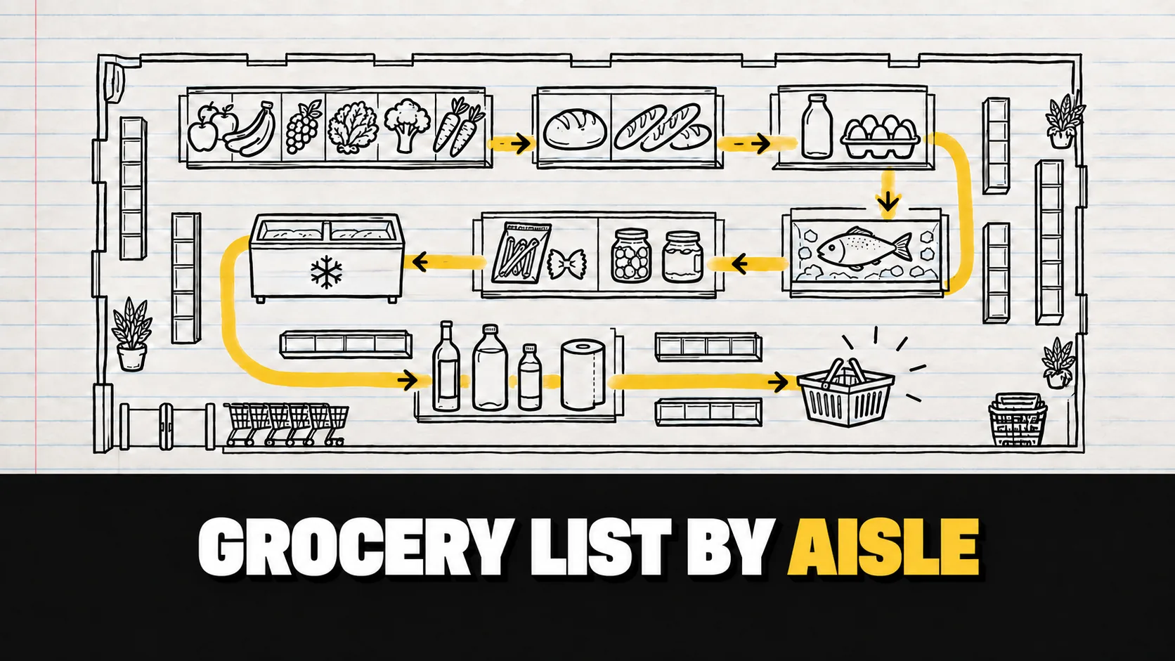 Ink drawing of a supermarket floor plan with a route highlighted in yellow through the aisles