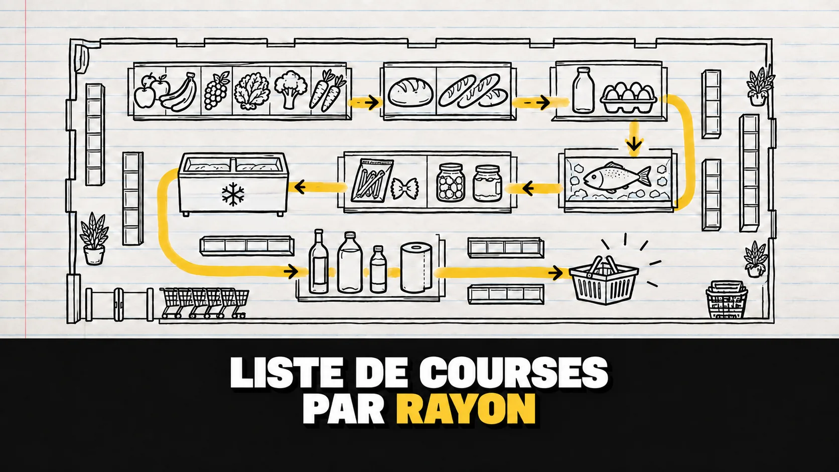 Dessin à l’encre du plan d’un supermarché avec un parcours surligné en jaune à travers les rayons