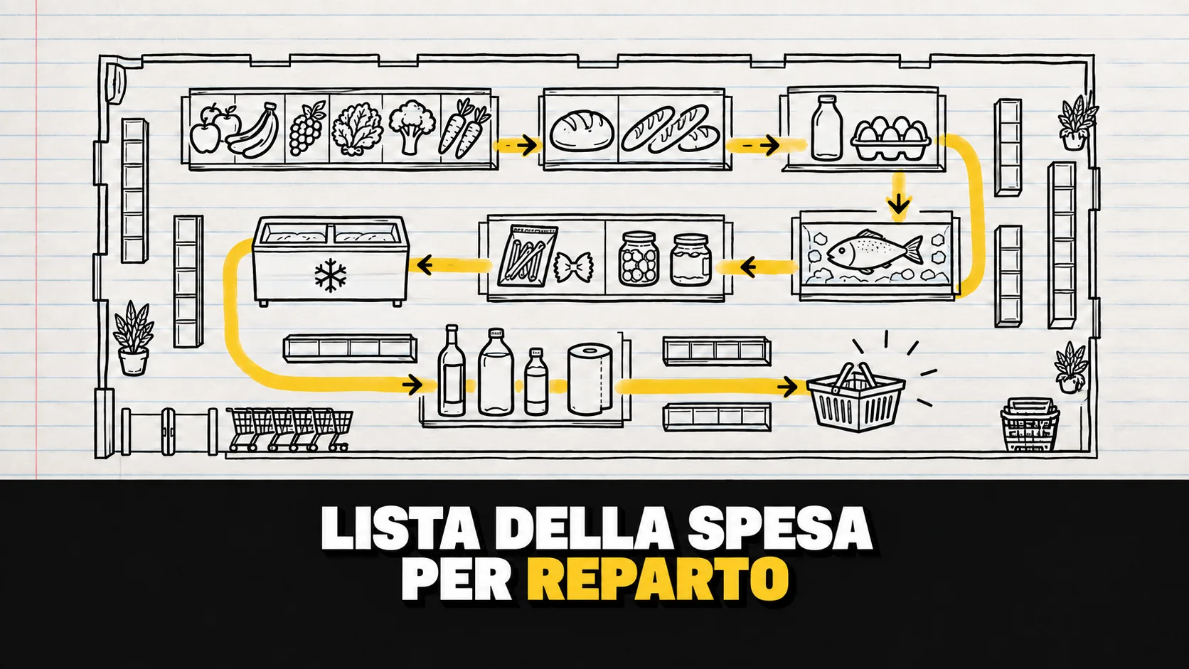 Disegno a china della pianta di un supermercato con un percorso evidenziato in giallo tra i reparti