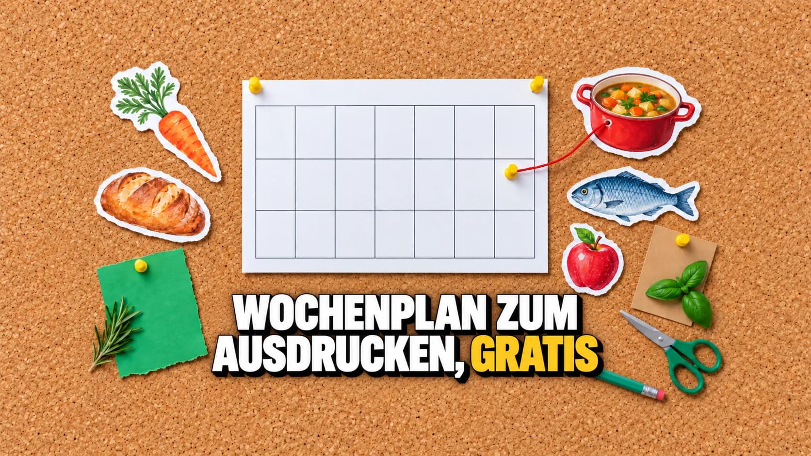Pinnwand aus Kork mit einem leeren Wochenplan und Ausschnitten von Gemüse, Brot und Fisch