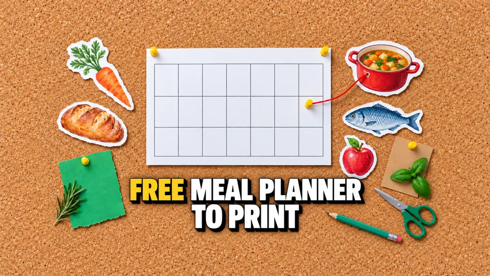Cork pin board with an empty weekly grid and paper cut-outs of vegetables, bread and fish