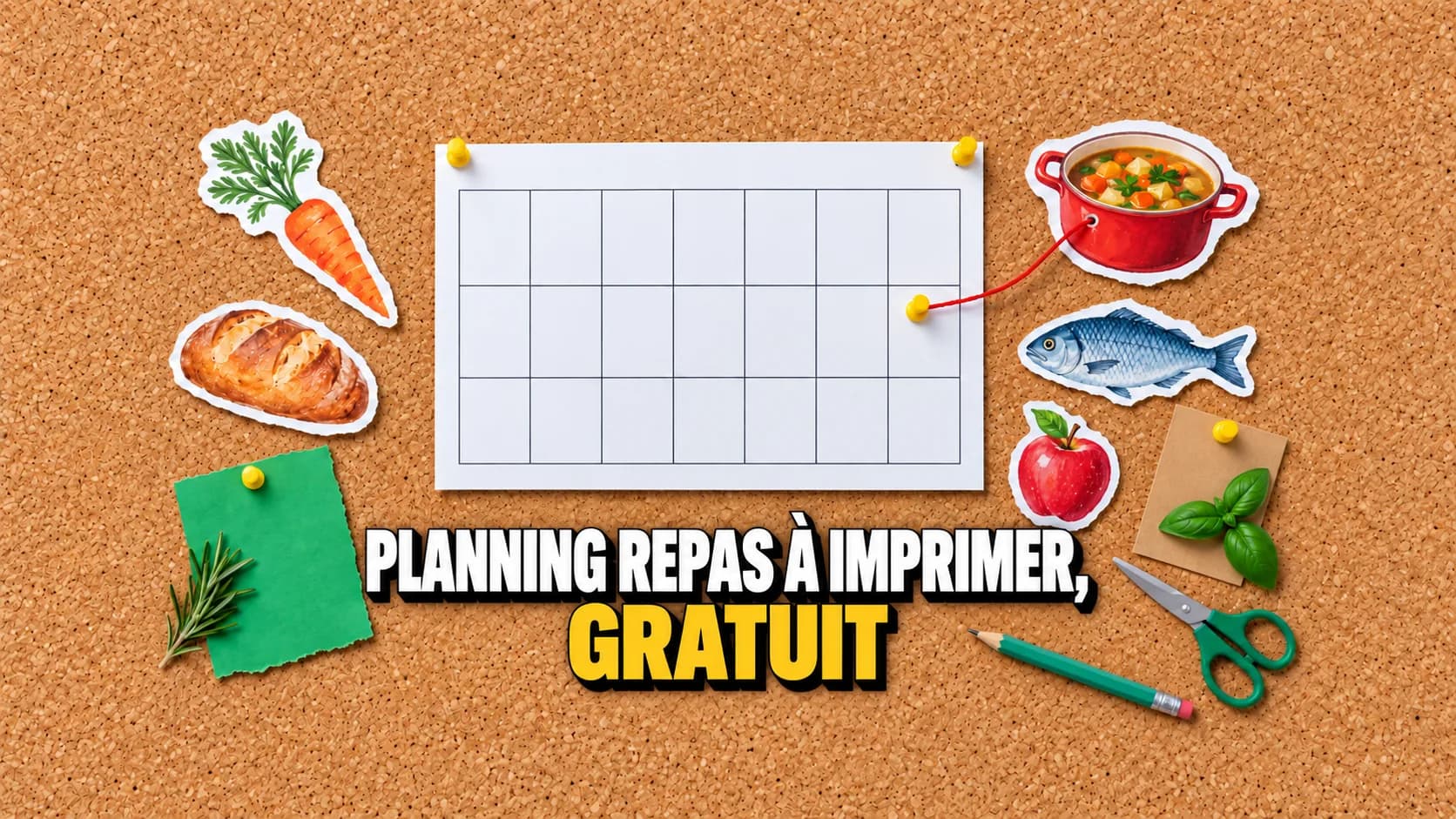 Tableau en liège avec une grille de semaine vide et des découpes de légumes, de pain et de poisson